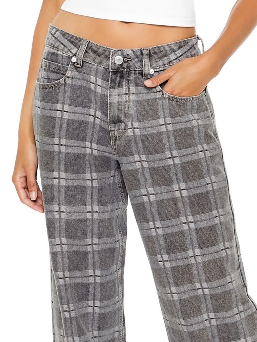 Forever 21 Plaid Mid-Rise Baggy Wide Leg Denim Jeans - Size 25 - Picture 9 of 16